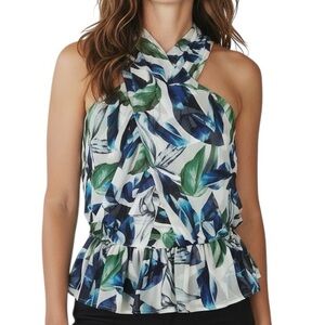 NWT WHBM Leaf Print Sleeveless Criss Cross Halter Peplum Ruffle Hem Top Size 14